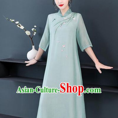Chinese Traditional Compere Embroidered Orchid Green Cheongsam Costume China National Qipao Dress for Women