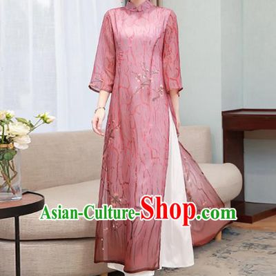 Chinese Traditional Compere Wine Red Organza Cheongsam Costume China National Qipao Dress for Women