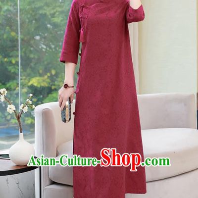 Chinese Traditional Compere Wine Red Cotton Cheongsam Costume China National Qipao Dress for Women