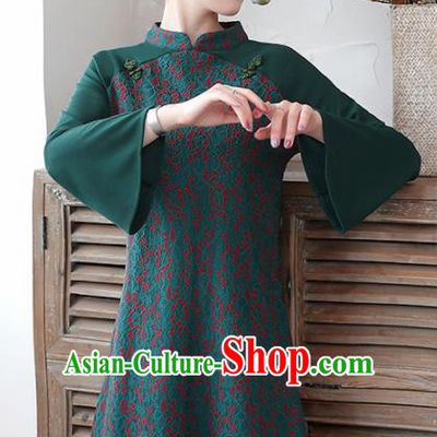 Chinese Traditional Deep Green Cheongsam Costume China National Qipao Dress for Women