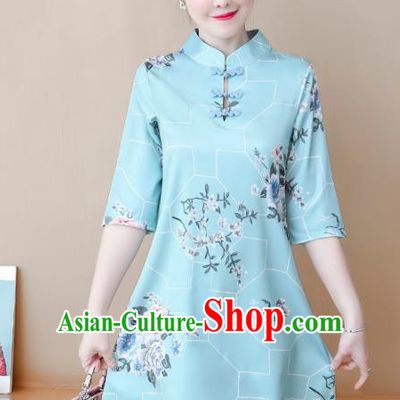 Chinese Traditional Printing Light Blue Cheongsam Costume China National Qipao Dress for Women
