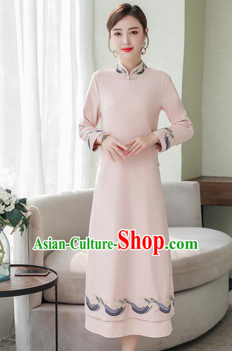 Chinese Traditional Embroidered Light Pink Cheongsam Costume China National Qipao Dress for Women Chinese Traditional Embroidered Light Pink Cheongsam Costume China National Qipao Dress for Women