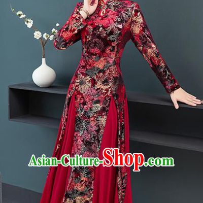 Chinese Traditional Compere Mother Printing Red Cheongsam Costume China National Qipao Dress for Women