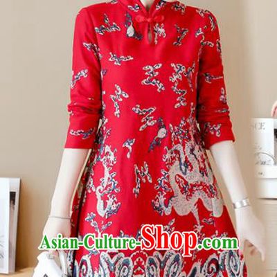 Chinese Traditional Printing Dragon Red Cheongsam Costume China National Qipao Dress for Women