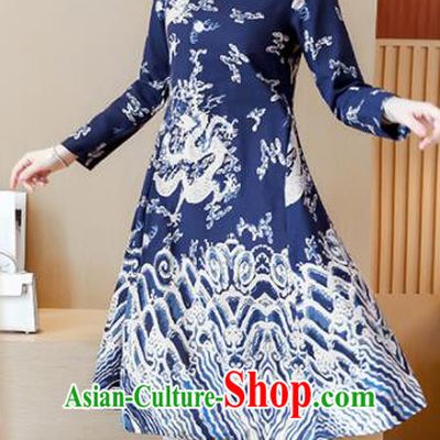 Chinese Traditional Printing Dragon Navy Cheongsam Costume China National Qipao Dress for Women