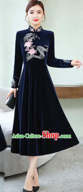 Chinese Traditional Embroidered Navy Velvet Cheongsam Costume China National Qipao Dress for Women Chinese Traditional Embroidered Navy Velvet Cheongsam Costume China National Qipao Dress for Women