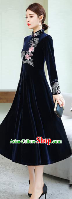 Chinese Traditional Embroidered Navy Velvet Cheongsam Costume China National Qipao Dress for Women Chinese Traditional Embroidered Navy Velvet Cheongsam Costume China National Qipao Dress for Women