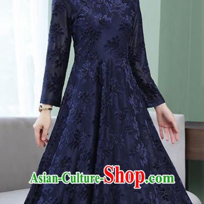 Chinese Traditional Embroidered Navy Mother Cheongsam Costume China National Qipao Dress for Women