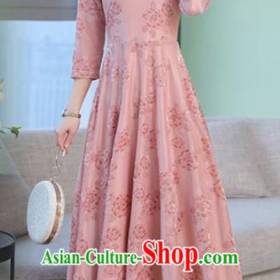 Chinese Traditional Embroidered Pink Mother Cheongsam Costume China National Qipao Dress for Women