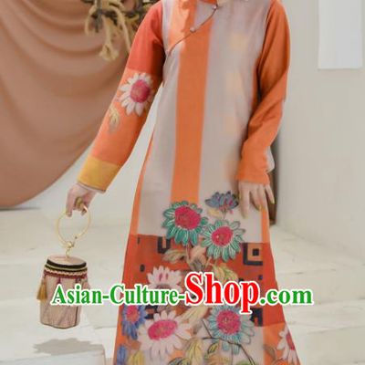 Chinese Traditional Compere Printing Orange Suede Fabric Cheongsam Costume China National Qipao Dress for Women