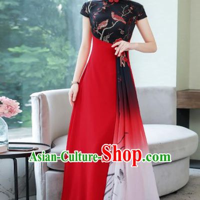 Chinese Traditional Compere Printing Orchid Red Cheongsam Costume China National Qipao Dress for Women