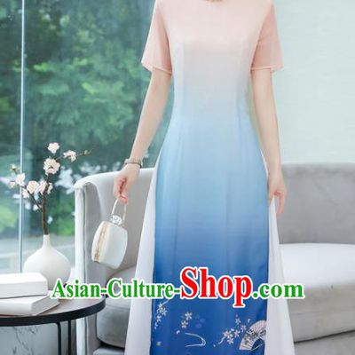 Chinese Traditional Compere Printing Blue Cheongsam Costume China National Qipao Dress for Women