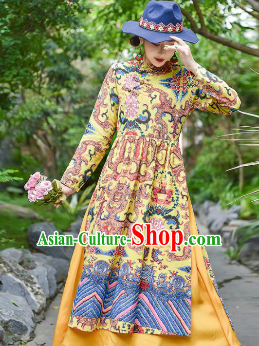 Chinese Traditional Printing Yellow Cheongsam Costume China National Qipao Dress for Women Chinese Traditional Printing Yellow Cheongsam Costume China National Qipao Dress for Women