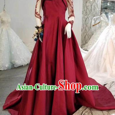 Custom Compere Wine Red Full Dress Wedding Bride Costumes Top Grade Bridal Gown for Women