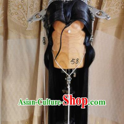Custom Chinese Cosplay Swordsman Black Wigs Ancient Knight Hair Chignon and Accessories for Men