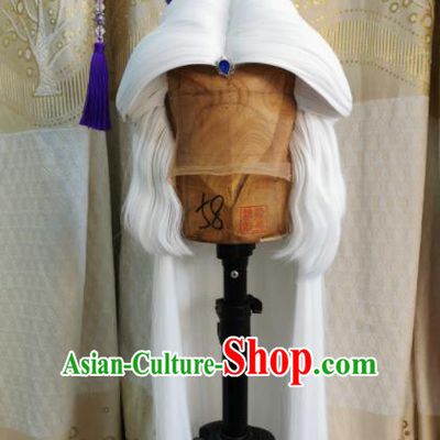 Custom Chinese Cosplay Swordsman White Wigs Ancient Taoist Hair Chignon and Accessories for Men