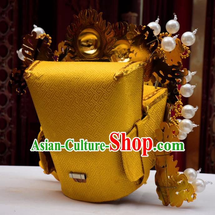 Chinese Traditional Beijing Opera Golden Hat Ancient Emperor Headwear Chinese Traditional Beijing Opera Golden Hat Ancient Emperor Headwear
