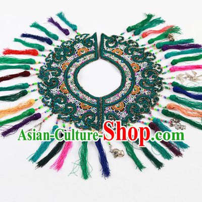 Chinese Traditional Dong Nationality Tassel Deep Green Embroidered Shoulder Accessories Ethnic Embroidery Collar Craft