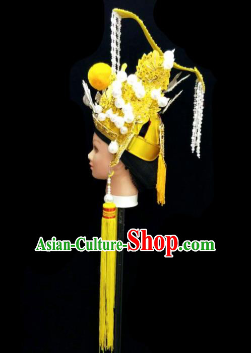 Chinese Traditional Peking Opera Yellow Hat Handmade Ancient Emperor Headwear for Men Chinese Traditional Peking Opera Yellow Hat Handmade Ancient Emperor Headwear for Men
