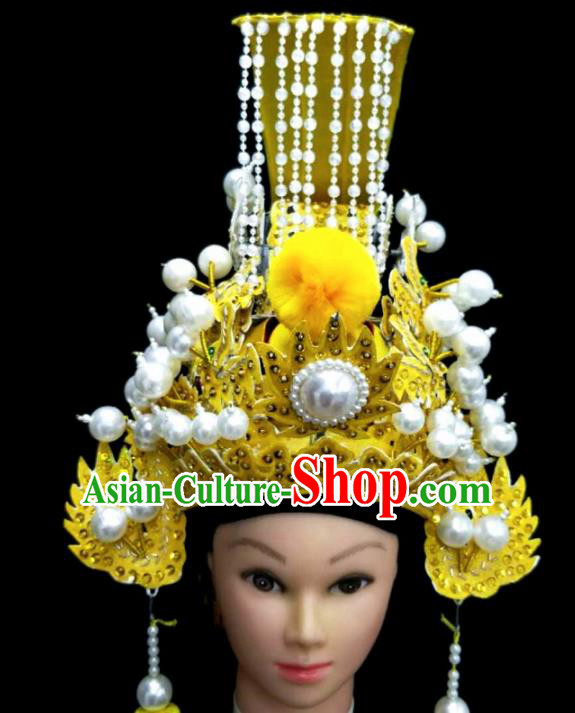 Chinese Traditional Peking Opera Yellow Hat Handmade Ancient Emperor Headwear for Men Chinese Traditional Peking Opera Yellow Hat Handmade Ancient Emperor Headwear for Men