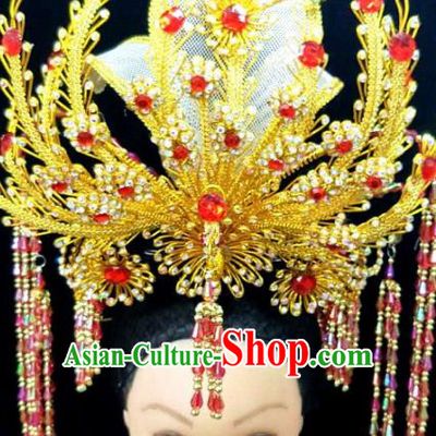 Chinese Traditional Peking Opera Queen Golden Phoenix Coronet Hairpins Handmade Beijing Opera Diva Hair Accessories for Women
