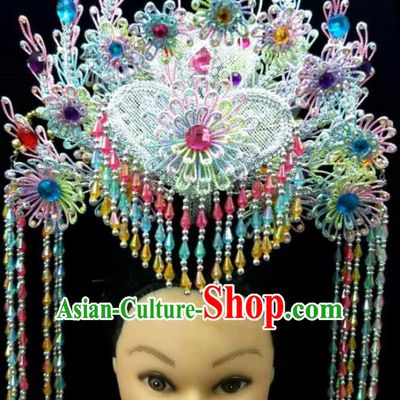 Chinese Traditional Peking Opera Queen Blue Phoenix Coronet Hairpins Handmade Beijing Opera Diva Hair Accessories for Women