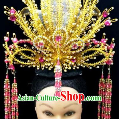 Chinese Traditional Peking Opera Queen Rosy Crystal Phoenix Coronet Hairpins Handmade Beijing Opera Diva Hair Accessories for Women