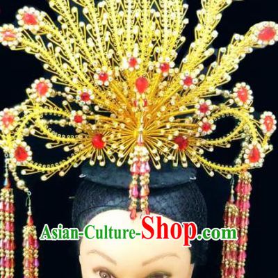Chinese Traditional Peking Opera Queen Red Crystal Phoenix Coronet Hairpins Handmade Beijing Opera Diva Hair Accessories for Women