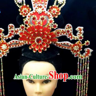 Chinese Traditional Peking Opera Queen Red Lotus Phoenix Coronet Hairpins Handmade Beijing Opera Diva Hair Accessories for Women