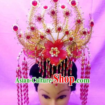 Chinese Traditional Peking Opera Princess Red Flower Phoenix Crown Hairpins Handmade Beijing Opera Diva Hair Accessories for Women