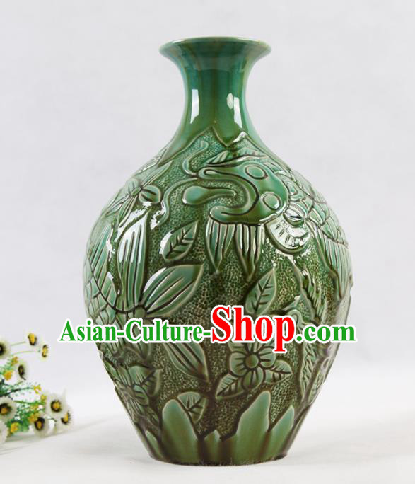 Chinese Traditional Handmade Green Carving Pottery Vase Craft Chinese Traditional Handmade Green Carving Pottery Vase Craft