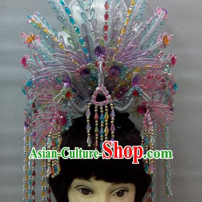 Chinese Traditional Peking Opera Diva Colorful Tassel Phoenix Crown Handmade Ancient Court Lady Hair Accessories for Women