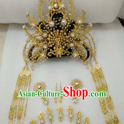 Chinese Traditional Peking Opera Golden Hairpins Phoenix Coronet Handmade Beijing Opera Diva Hair Accessories for Women