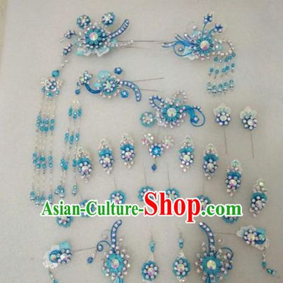 Chinese Traditional Peking Opera Blue Hairpins Handmade Beijing Opera Diva Hair Accessories for Women