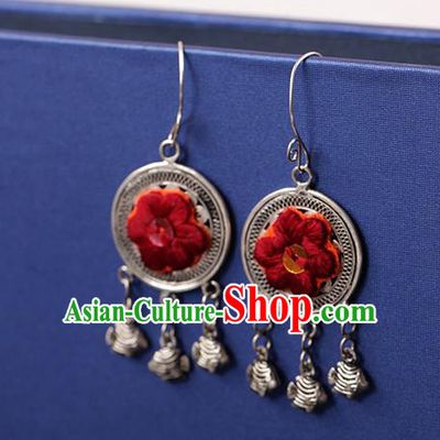 Chinese Traditional Miao Nationality Embroidered Silver Earrings Handmade Ethnic Ear Accessories for Women
