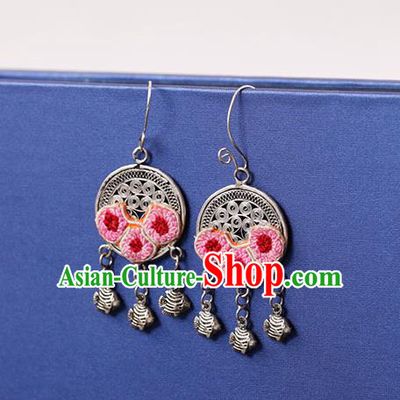 Chinese Traditional Miao Nationality Pink Embroidered Silver Earrings Handmade Ethnic Ear Accessories for Women