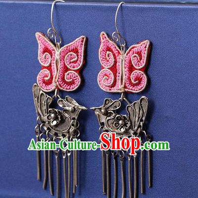 Chinese Traditional Miao Nationality Embroidered Pink Butterfly Silver Earrings Handmade Ethnic Ear Accessories for Women