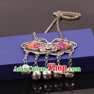 Chinese Traditional Miao Nationality Pink Butterfly Necklace Handmade Ethnic Silver Necklet Accessories for Women