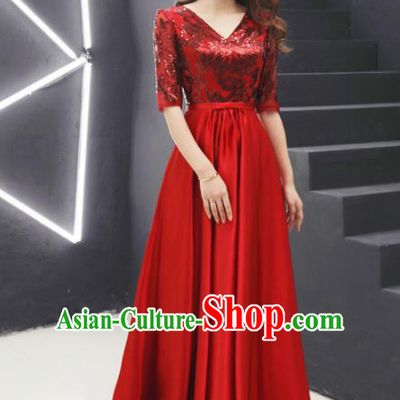 Top Grade Compere Wine Red Sequins Full Dress Annual Gala Stage Show Chorus Costume for Women