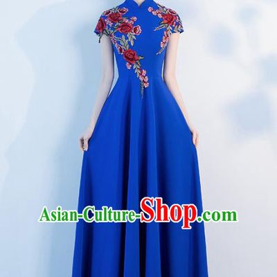 Top Grade Compere Embroidered Roses Royalblue Full Dress Annual Gala Stage Show Chorus Costume for Women