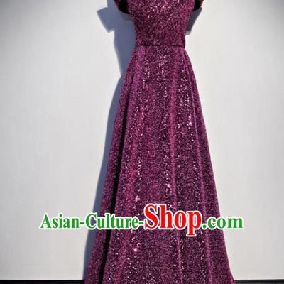 Top Grade Compere Purple Sequins Full Dress Annual Gala Stage Show Chorus Costume for Women
