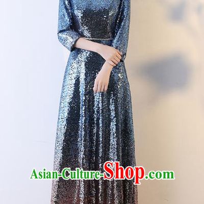 Top Grade Compere Blue Sequins Full Dress Annual Gala Stage Show Chorus Costume for Women