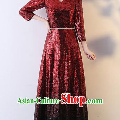 Top Grade Compere Wine Red Sequins Full Dress Annual Gala Stage Show Chorus Costume for Women