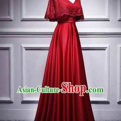 Top Grade Compere Red Lace Satin Full Dress Annual Gala Stage Show Chorus Costume for Women