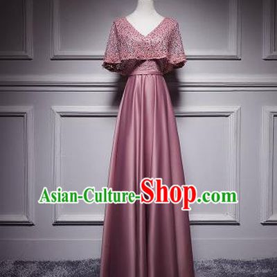 Top Grade Compere Pink Lace Satin Full Dress Annual Gala Stage Show Chorus Costume for Women