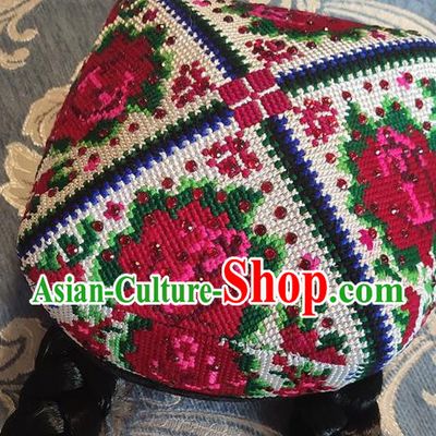 Chinese Traditional Uyghur Nationality Embroidered Red Flowers Hat Ethnic Folk Dance Stage Show Headwear for Women