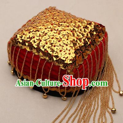 Chinese Traditional Uyghur Nationality Golden Sequins Tassel Red Hat Ethnic Folk Dance Stage Show Headwear for Women