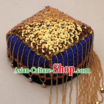 Chinese Traditional Uyghur Nationality Golden Sequins Tassel Blue Hat Ethnic Folk Dance Stage Show Headwear for Women