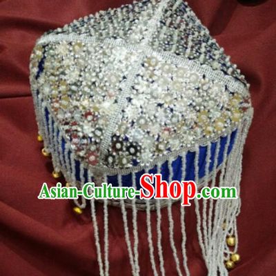 Chinese Traditional Uyghur Nationality Argent Sequins Tassel Blue Hat Ethnic Folk Dance Stage Show Headwear for Women