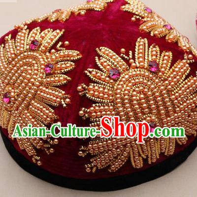 Chinese Traditional Uyghur Nationality Embroidered Beads Red Hat Ethnic Folk Dance Stage Show Headwear for Women